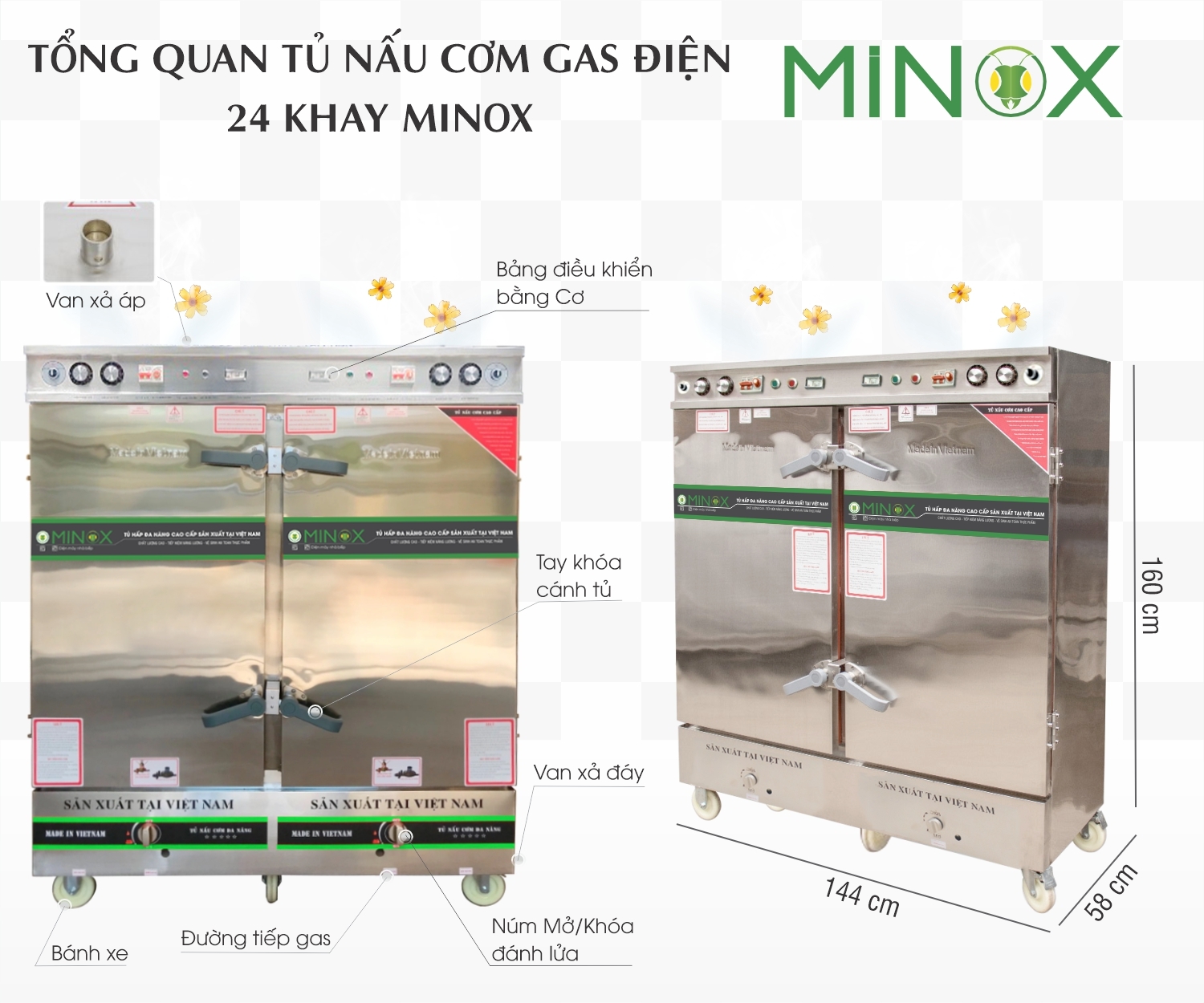 Tủ nấu cơm 24 khay ga điện hẹn giờ