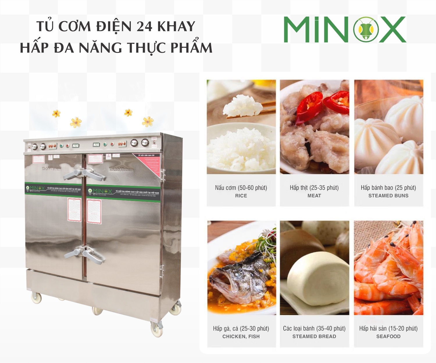 Tủ nấu cơm 24 khay điện hẹn giờ