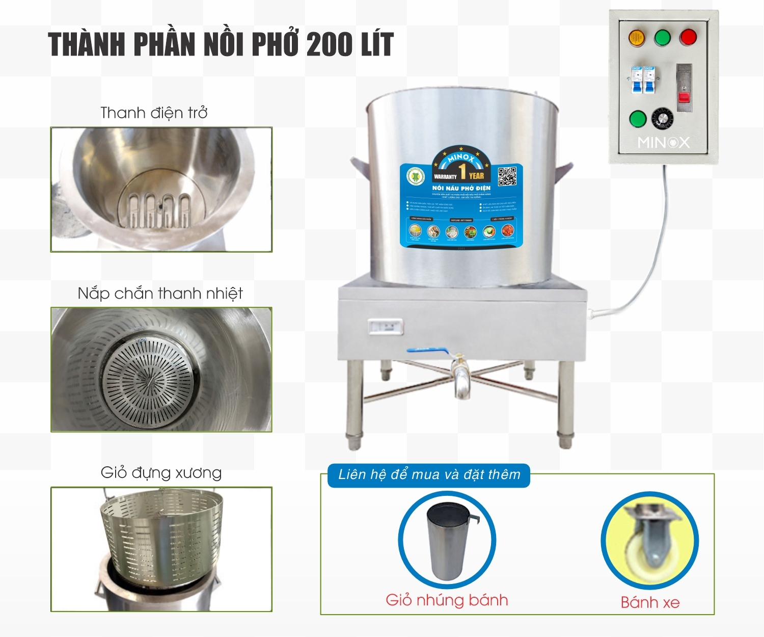 Nồi nấu phở 200L tủ điện rời