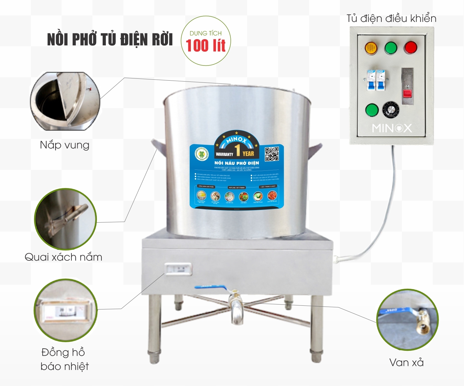 Nồi nấu phở 100L tủ điện rời