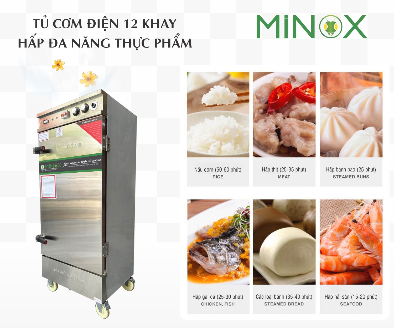 Tủ nấu cơm 12 khay điện hẹn giờ