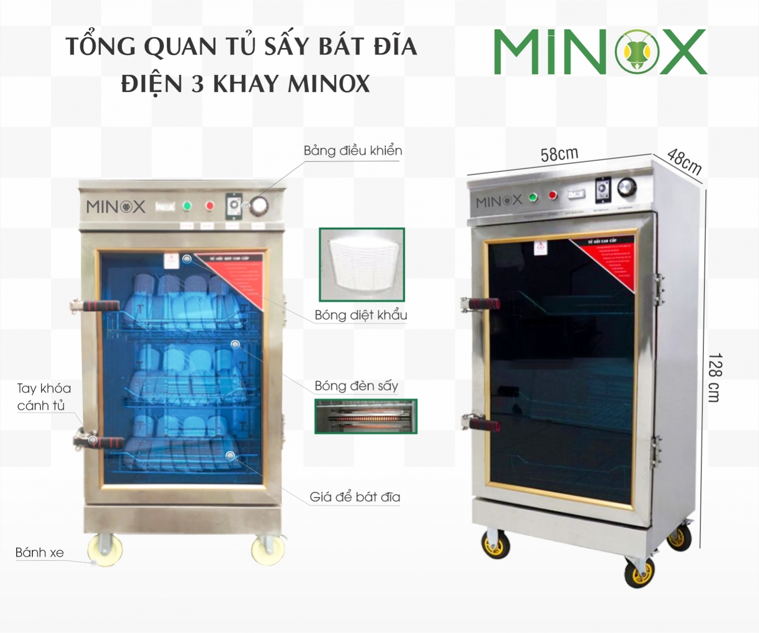 Tủ sấy bát chén công nghiệp 1 buồng 3 khay