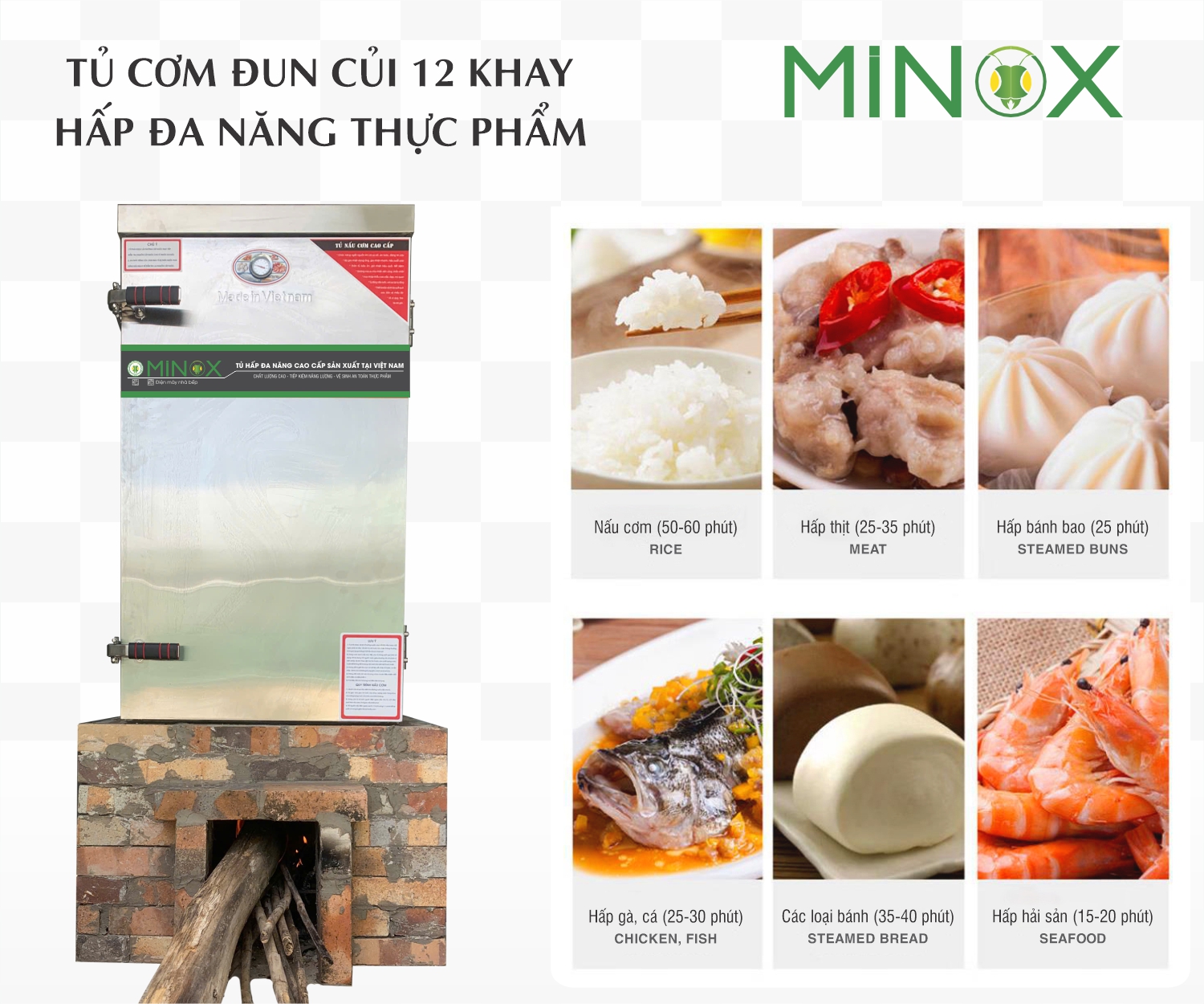 Tủ cơm đun củi 12 khay Minox