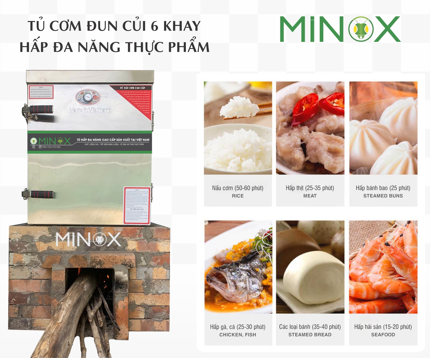 Tủ cơm đun củi 6 khay Minox